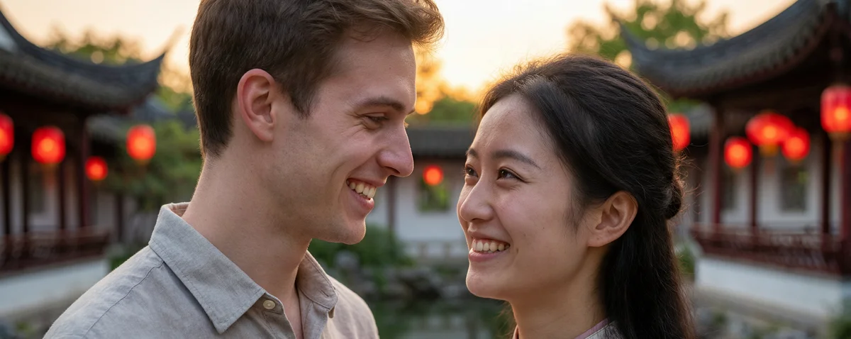 Conceptual illustration of saying I love you in Chinese with a couple in a traditional courtyard with red lanterns